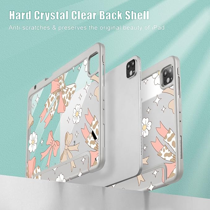 Tuiklol Case for iPad Pro 12.9 Inch M2 Case 2022 2021 2020 2018 Generation 6th/5th/4th/3rdBuilt-in Pencil Holder Clear Transparent Protective Back Shell Cover Leopard Bow Pink