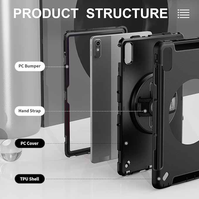 Junfire Protective Case for Lenovo Tab P11 2nd Gen 11.5-inch 2023 Shockproof Rugged Lenovo P11 Gen2 Case TB350FU/TB350XU with 360°Rotating Kickstand/Hand Strap/Shoulder Strap-Black