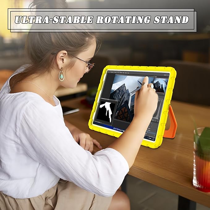 for iPad Pro 12.9 Case 3rd 4th 5th 6th Generation with Pencil Holder &amp 360° Rotating Handle Stand New Cute Rugged Cover for iPad Pro 12.9 inch 2022/2021/2020/2018 - Yellow