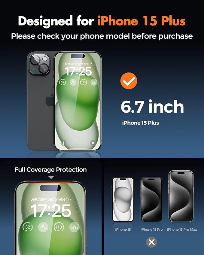 UNBREAKcable iPhone 15 Plus Screen Protector 3-Pack 3 Tempered Glass + 3 Camera Lens Protectors 9H Hardness HD Clarity Anti-Fingerprint Case Friendly 6.7 Inch