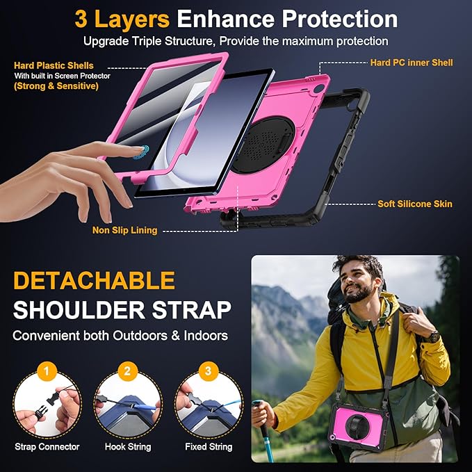 Case for Samsung Galaxy Tab A9+/A9 Plus 11 Inch 2023(SM-X210/X216/X218) Ubearkk Full-Body Drop Protection Case with Screen Protector 360° Rotating Stand and Hand/Shoulder Strap Pink