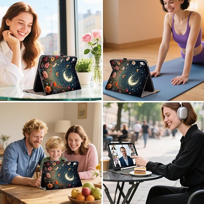 Vimorco Case for iPad (A16) 11th Generation 11 inch (2025)for iPad 10th Gen 10.9 inch (2022) Pencil Holder&ampHand Strap&ampPocketMultiple Stand Protector Folio CoverAuto Wake/SleepBlack Moon F