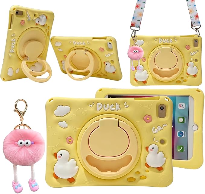 3D Cute Press Duck Case for iPad mini 1st 2nd 3rd 4th 5th Gen 7.9 inchKawaii Cartoon Character Duck Soft Silicone Rotating Stand Case with Lanyard for Kids Teens Girls Women