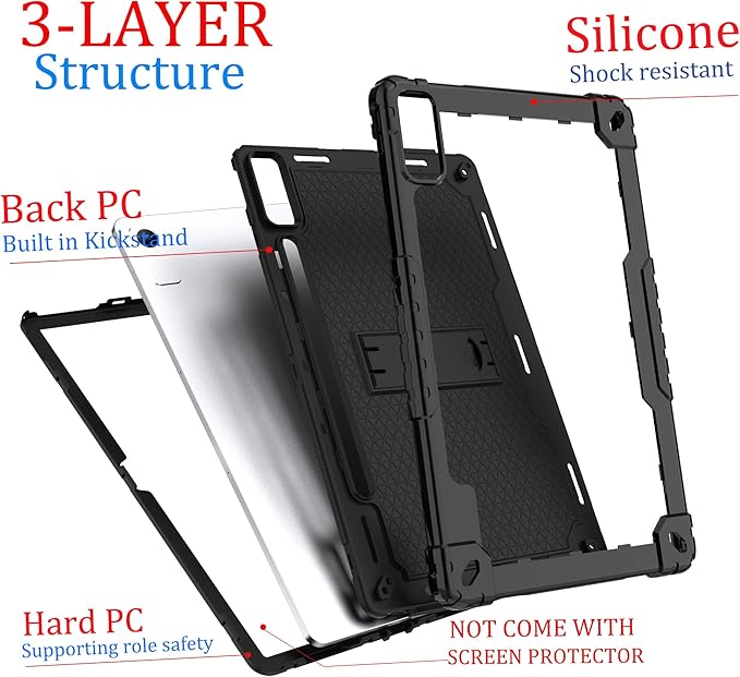 Case for Lenovo Tab P12 12.7 Inches Tablet Case Shockproof Hybrid Kids Case with Screeen Protector for Lenovo tab P12/Xiaoxin Pad Pro 12.7 Tablet Case TB370FU/TB371FC (Black/Black/1 PC)