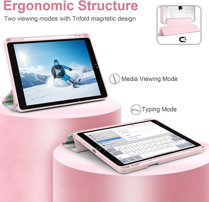 DONGKE for iPad 9th/8th/7th Generation Case 10.2 Inch (2021/2020/2019) [Auto Sleep/Wake &amp Pencil Holder] Clear Acrylic Back Trifold Stand Cover Green Stripes