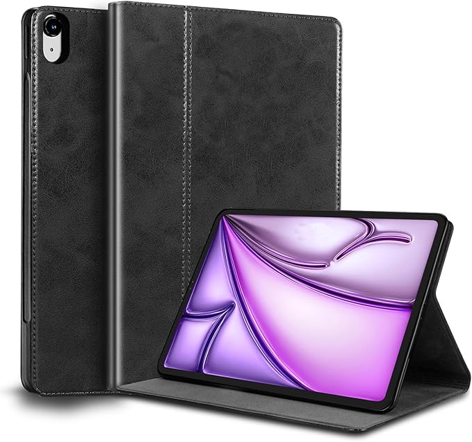 for Ipad Case Air 13-inch M4/M3/M2 2026/2025/2024(Model:A3461/A3462/A3268/A3269/A2898/A2899) Genuine Leather Cover Protective ShellAuto Wake/Sleep.Black