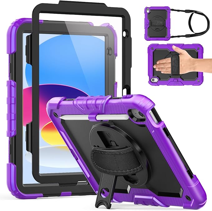 Weuiean Case for iPad A16 11th/10th Generation 11/10.9 Military-Grade Heavy-Duty Shockproof Cover with 360° Rotating Stand Built-in Pencil Holder &amp Adjustable Hand/Shoulder Strap - Purple+Blac