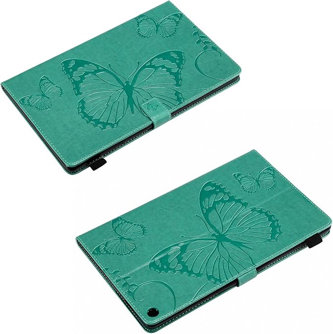 Kindle Fire HD 10 Tablet 2019/2017 Case 9th/7th Generation 10.1 with Pencil Holder Pockets [Auto Sleep/Wake] Folio Stand Embossed PU Leather Magnetic Smart Wallet Cover Green Butterfly