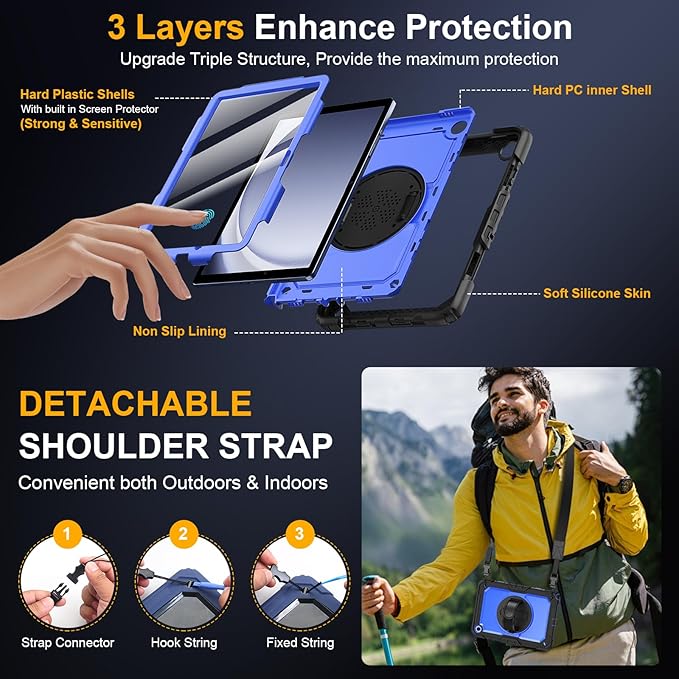 Case for Samsung Galaxy Tab A9+/A9 Plus 11 Inch 2023(SM-X210/X216/X218) Ubearkk Full-Body Drop Protection Case with Screen Protector 360° Rotating Stand and Hand/Shoulder Strap Dark Blue