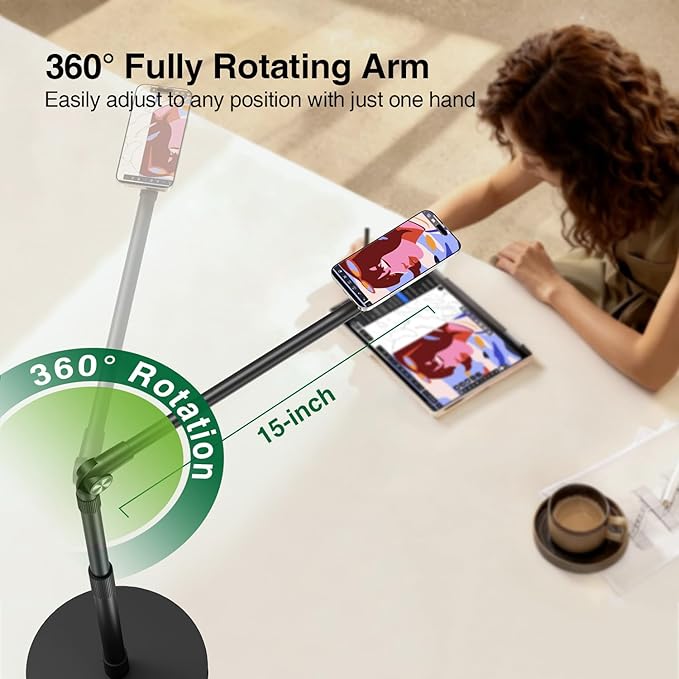 elitehood Magnetic Phone Stand for Overhead Recording 15 in Long Arm Magsafe iPhone Holder for Video Recording 360 Swivel Tilt Overhead Phone Mount for Filming Meeting Cooking Painting Crafting