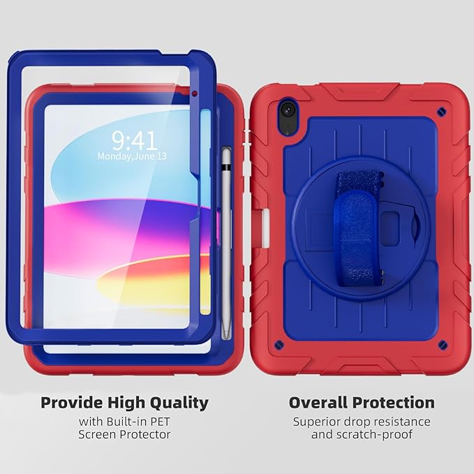 Case for iPad 10th Generation 10.9inch 2022with Built-in Screen Protector and KickstandHand StrapShoulder Strap for New Apple iPad 10.9 Inch(Red/Blue)