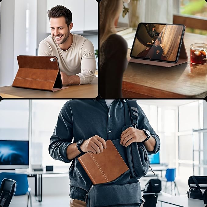 Gexmil Leather Case for iPad Air 11 Inch M4/M3/M2 (2026/2025/2024)iPad Air 10.9 Inch 5th/4th Generation 2022/2020 Top Grain Leather Cover Auto Sleep/Wake Adjustable StandVegetable Tanned Brown