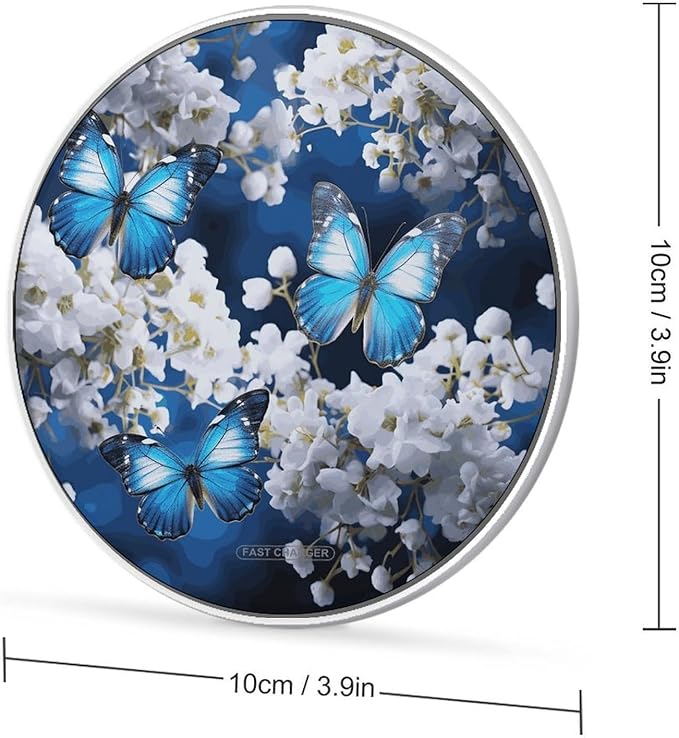 Blue Butterflies White Flowers Wireless Charger Fast Wireless Charging Pad with USB Cable 10W Anti-Slip Magnetic Wireless Charger Portable Slim Charger Puck Travel Charging Station