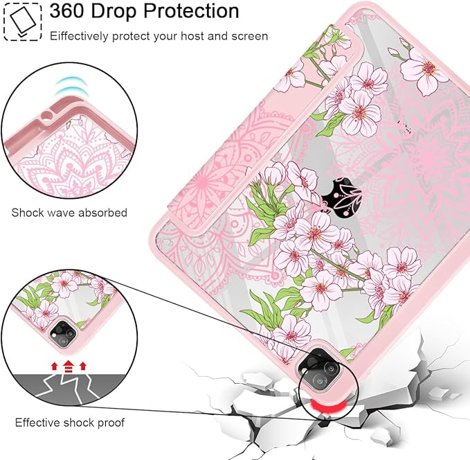 Mektron Case for iPad Pro 11 inch Case M2 2022 Generation 4th Fit 2021 2020 2018 iPad Pro 11 (3rd 2nd &amp 1st Gen) -Buit in Pencil Holder with Shockproof Cover Clear Shell Blossom Sakura-Pink