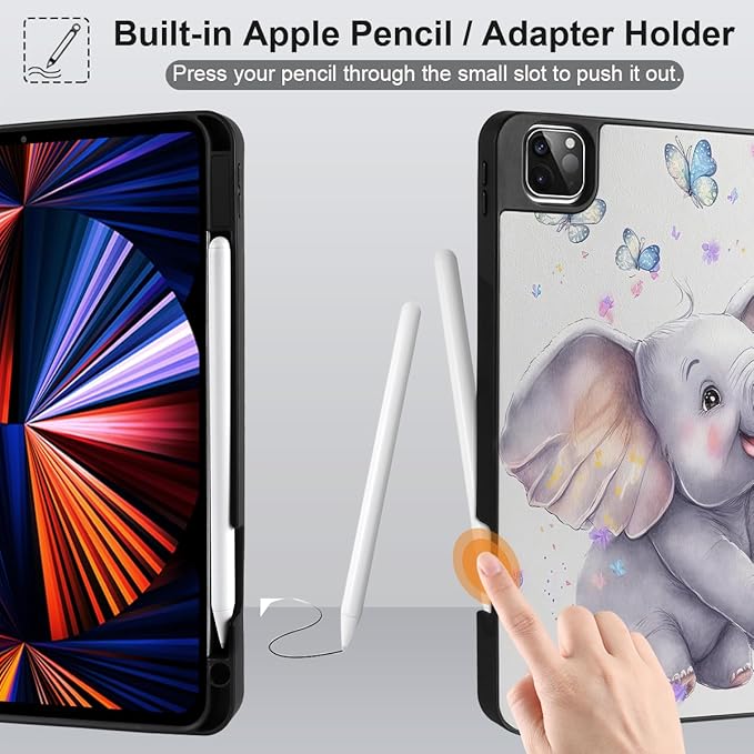 DONGKE Case for 2022/2021/2020/2018 iPad Pro 11 inch Gen 4/3/2/1 - Slim Protective Case - Built in Pencil Holder Support Charging - Trifold Stand &amp Sleep/Wake Cover - Elephant &amp Butterflies
