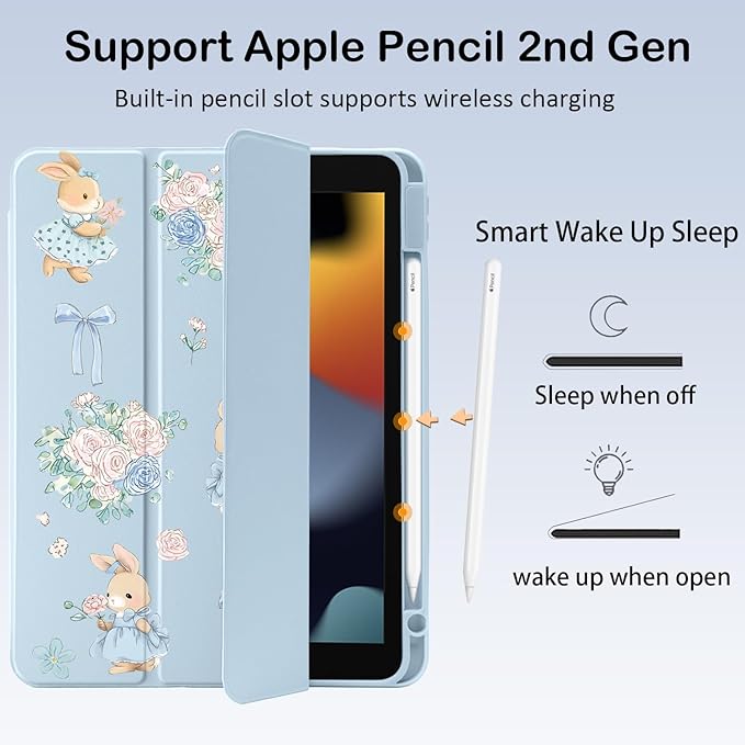 Cute Kawaii Bunny Flower Bow for iPad Air 11 Inch Case 7th/6th Generation (M3/M2) 2025/2024 with Pencil Holder Auto Sleep/Wake Blue Leather Clear Acrylic Back Cover