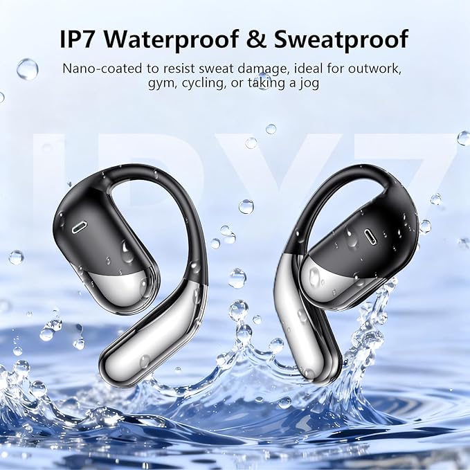 Open Ear Clip Wireless Earbuds Bone Conduction Headphones Bluetooth 5.4 Open Ear Design for Running FitnessofficeBuilt-in Mic IPX7 Waterproof LED Display Charging CaseEar Hooks Ear Buds