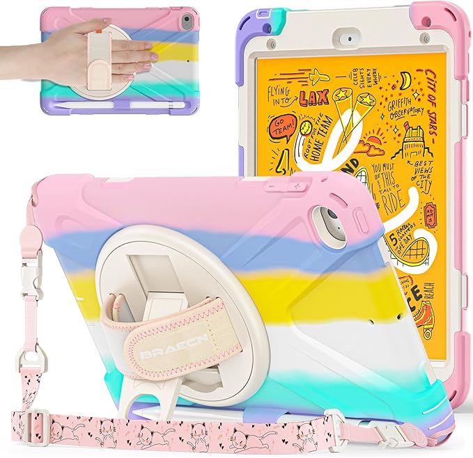 BRAECNstock Kids Case for Apple iPad mini 5/4 7.9 2019/2015 Shockproof Protective with Pencil Holder Rotating Hand Strap &amp Stand Shoulder Strap Case for iPad mini 5th/4th Gen Colorful Pink