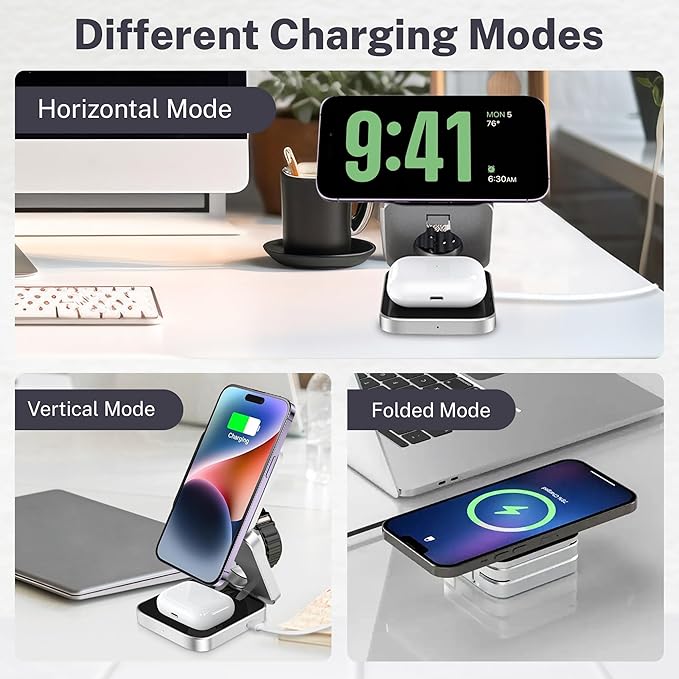 Wireless 3 in 1 Magnetic Charging Station Portable Foldable Fast Charge Travel | Black and Silver Mobile Phone Holder | with Extra Magnetic Ring | New Anti-Slip Earbud Base Charger
