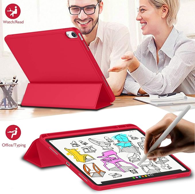 iMieet iPad Air 11 Inch Case M4/M3/M2(2026/2025/2024) iPad Air 5th/4th Generation Case 2022/2020 10.9 Inch with Pencil HolderTrifold Stand Smart Case with Soft TPU Back(Red)