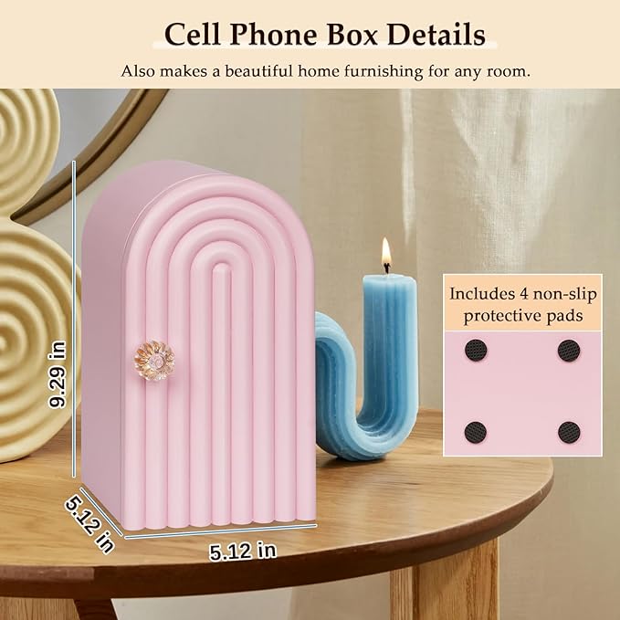 Phone Box for Family Time Bamboo Cell Phone Jail 3 Sections Hold 6 Phones with Charging Holes Phone Holder Self-Discipline Box Help Kids Adults Focus Back Mobile Phone Addiction (Pink)