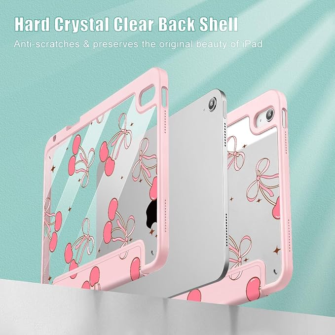 May Chen for iPad (A16) 11th Generation Case 11 Inch 2025 iPad 10th Gen Case 2022 10.9 inch Built-in Pencil Holder with Shockproof Cover Clear Back Shell Auto Wake/Sleep Pink Cherry Bow