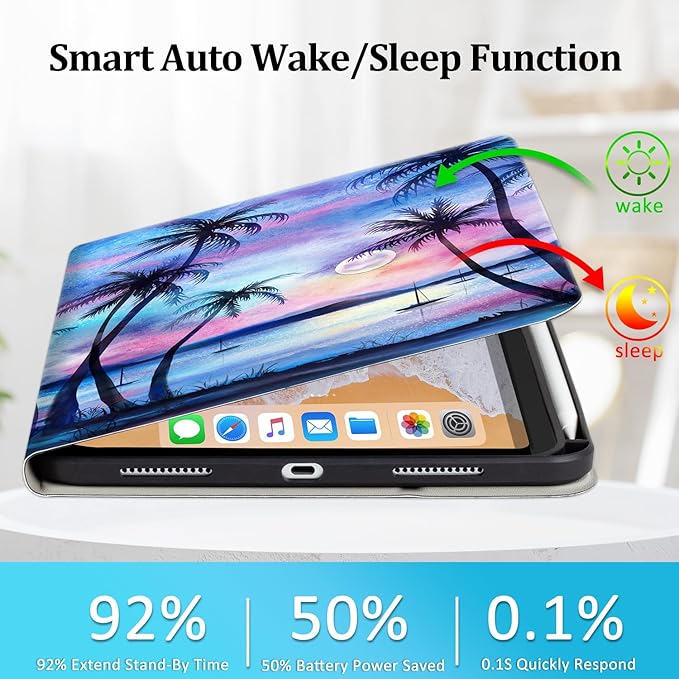 Lokigo Rotating Case for iPad (A16) 11th Generation 11 Inch 2025 iPad 10th Gen 10.9 Inch 2022 Buils with Pencil Holder Support Touch ID 360 Rotation Smart Stand Cover Purple Coconut Tree
