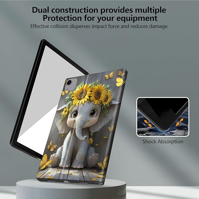 for Apple iPad Air 13 Inch Case (M3/M2-2025/2024 Release) Slim iPad 13 Protective Case with Stand Hard Back Shell for iPad Air 13 Auto Wake/Sleep Golden Sunflowers Cute Elephant