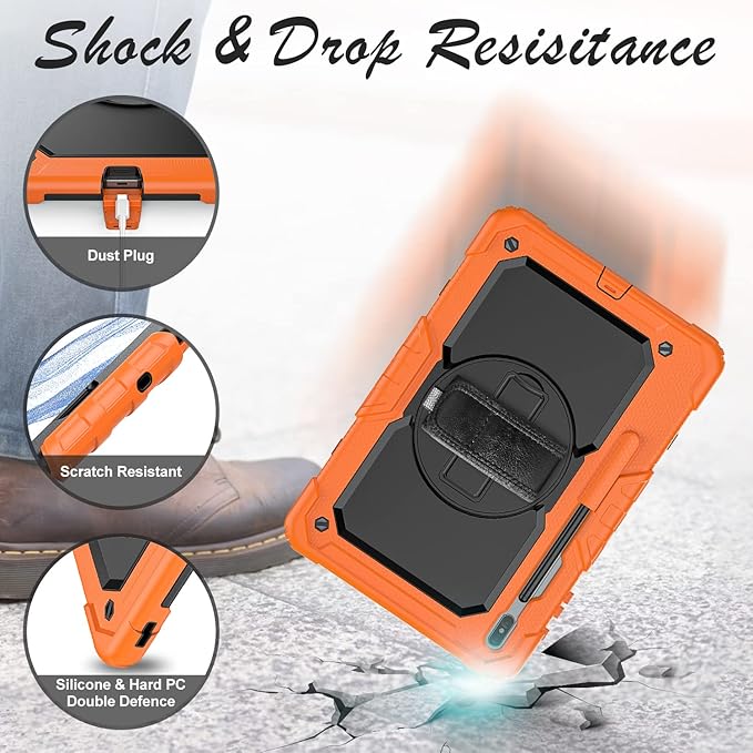 Case for Samsung Galaxy Tab S8 Plus 2022/S7 FE/S7 Plus 5G 12.4-inch Tablet Case Protective [with Screen Protector] Rotatable Kickstand S Pen Holder Hand/Shoulder Strap (Orange)