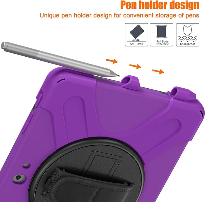 ZenRich Rugged Case for Surface Go 4 (2023)/Surface Go 3 (2021)/ Surface Go 2 (2020) Surface Go (2018) with Pen Holder Heavy Duty Shockproof Case with Stand Hand Strap and Shoulder Belt-Purple