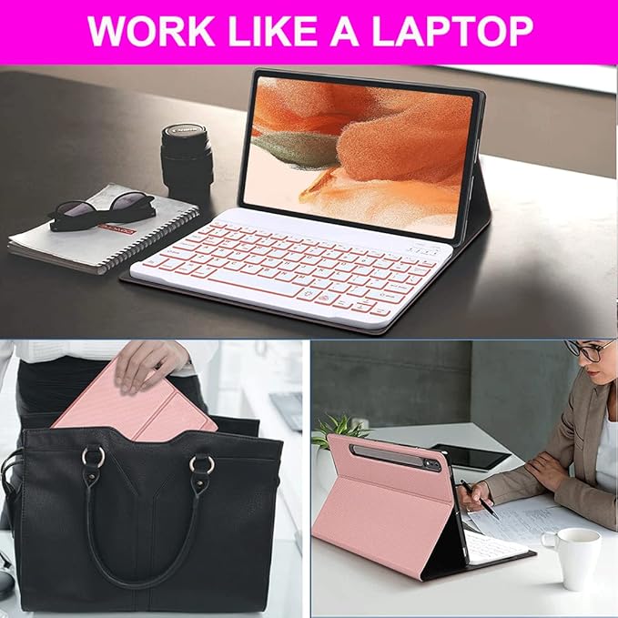 Keyboard Case for Samsung Galaxy Tab S10+ Plus/S9 Plus S9 FE+/S8 Plus S8+/S7 Plus S7+ S7 FE 12.4 Inch Backlit Keyboard case with Pen Holder Pink
