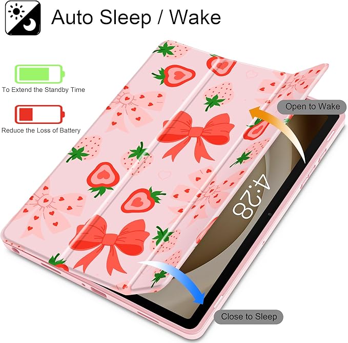 Tuiklol for Samsung Galaxy Tab A9+ Tablet 11” / A9+ Plus 2024 2023Buit-in S-Pen Holder with Clear Protective Cover Transparent Back Shell Auto Wake/Sleep Samsung Tab A9 Plus Coverstrawberries &amp