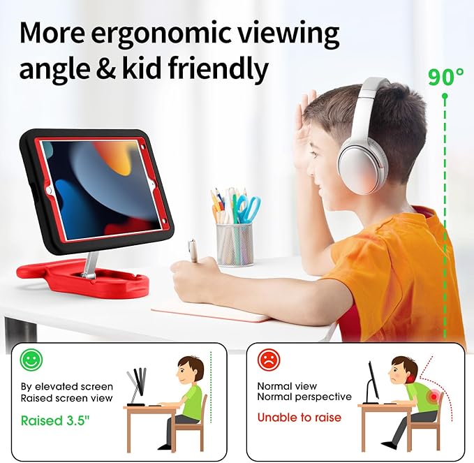 Kids Case for iPad 7th/8th/9th GeniPad 10.2 inch 2021/2020/2019 Case with Adjustable Portrait Landscape Stand HandleHeavy Duty Protective Kids Child Friendly Cover for iPad 10.2 inch. (Black-Red)