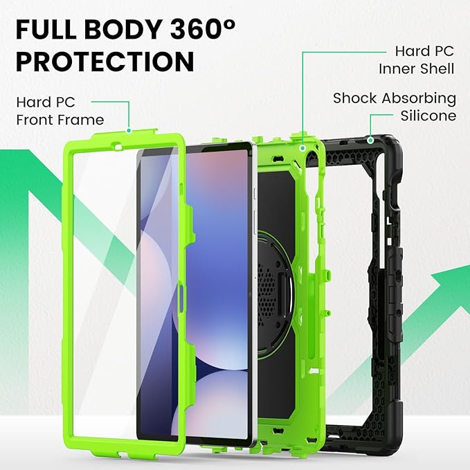 SEYMAC Case for Samsung Galaxy Tab S10+ Plus 2024/S9 FE+/S9+ 12.4 2023 Heavy Duty Shockproof Protective Case With Screen Protector Stand Hand/Shoulder Strap and Pen Holder Green