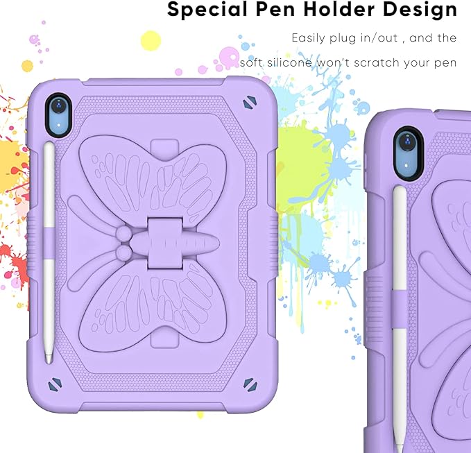 Dteck iPad A16/10th Generation 2025/2022 Case with Kickstand Butterfly Wings Pencil Holder Heavy Duty Hard Rugged Protective Kids Girls Cover for iPad 10th Gen 10.9 Inch 2022Purple