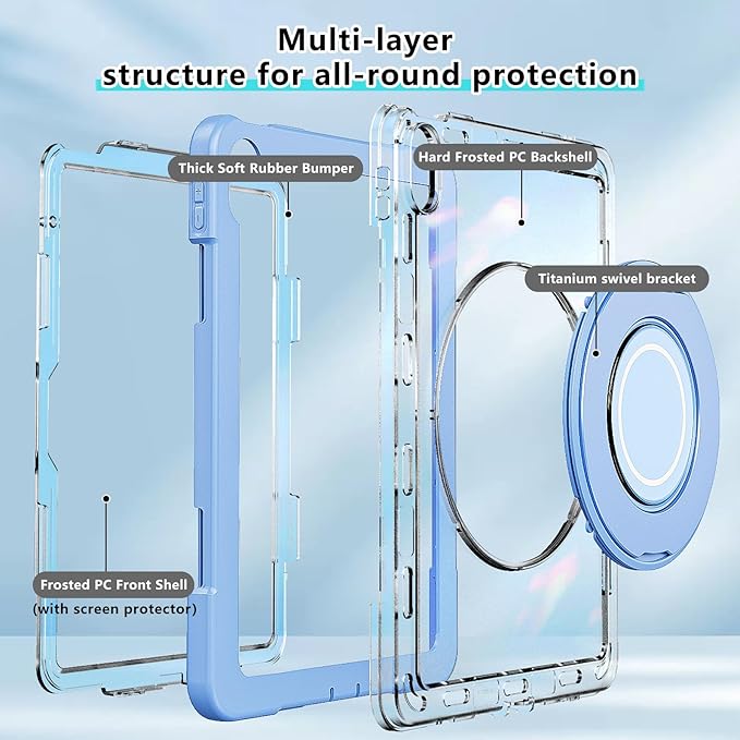 Case for iPad (A16) 11th /10th Generation 11 Inch 2025/10.9 inch 2022with Screen Protector360 Rotating Metal StandClear BackHeavy Duty Shockproof for Kids Case Blue