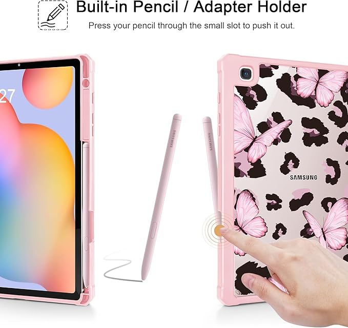 Mektron Case for Samsung Galaxy Tab S6 Lite 10.4 Inch 2024/2022/2020 with S Pen Holder Multi-Angle Viewing with Shockproof Cover Clear Shell + Trifold Stand + Auto Wake/Sleep Leopard Pink Butterfly