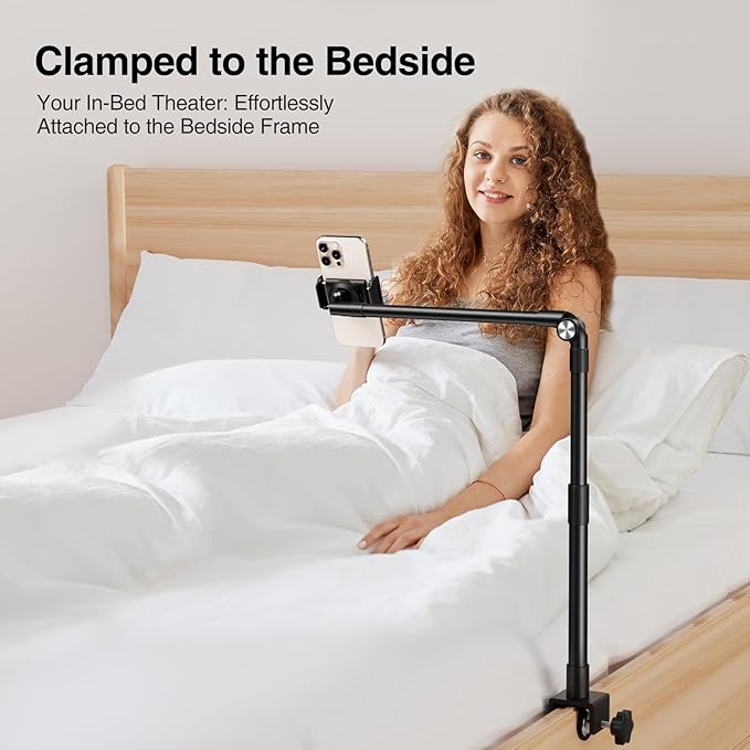 elitehood Aluminum Arm Phone Holder for Bed [360° Swivel Tilt Rotation] Adjustable Bedside Phone Holder Laying Down iPhone Stand for Bed Desk Overhead iPhone Clamp Mount Fit All 4-7’’ Cellphone