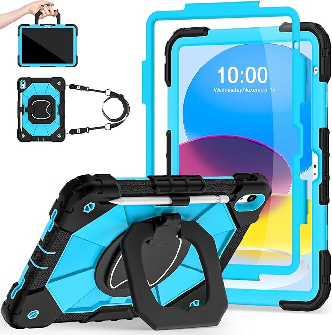 Case for iPad (A16)11th /10th Generation 11/10.9 Inch 2025/2022 with Screen Protector Rotating Stand Shoulder Strap Pencil HolderMilitary Grade Shockproof iPad Case 10th GenerationBlack Blue