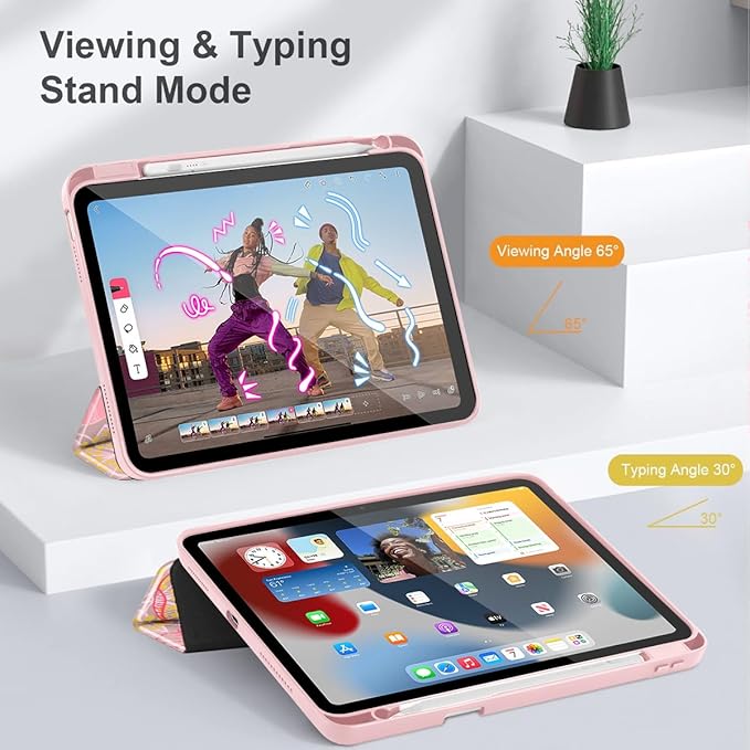May Chen Case for iPad Air 13 Inch M4 2026 M3 2025 M2 2024 [Built-in Pencil Holder] Shockproof Cover with Clear Transparent Back Shell Auto Sleep/Wake Cover Pink Flowers