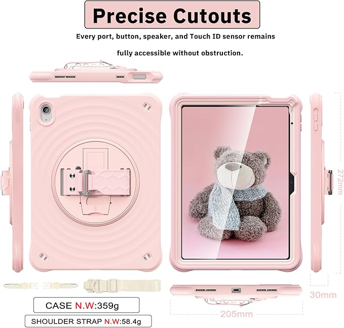 Case for iPad A16 11-inch (2025) &amp iPad 10th Gen 10.9-inch (2022) HD Screen Protector Strong Military-Grade Full-Body Shockproof Protection 360° Rotating Handle Strap &amp Shoulder Strap Pink