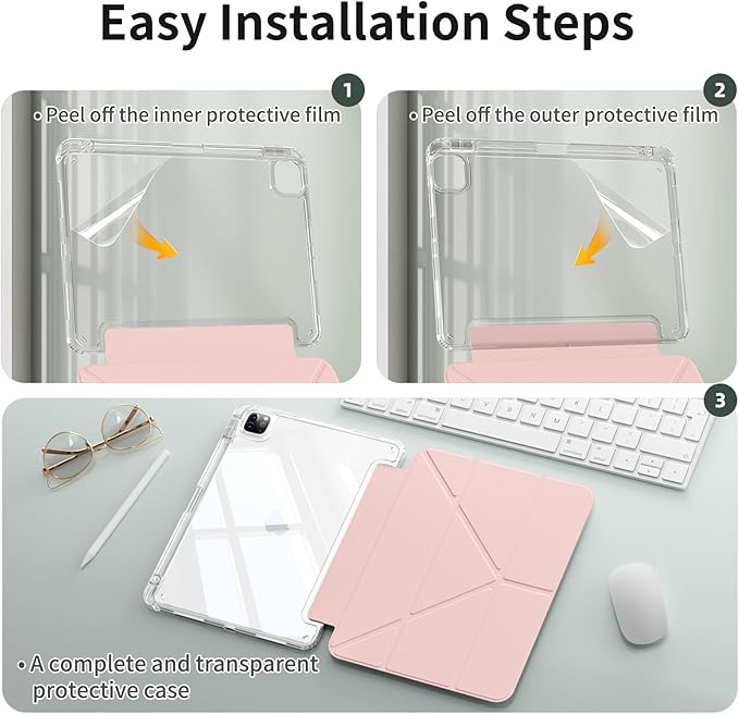 kenke Case for iPad Air 13 Inch (M3 2025/M2 2024) iPad Pro 12.9 Inch 6th/5th Generation (2022/2021) with Pencil Holder Y Folding Stand Cover with Hard Clear PC Back Support Touch ID Light Pink