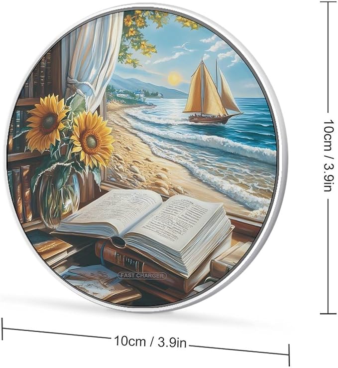 Beach Window Book Desk Sunflower Wireless Charger Anti-Slip Wireless Charging Pad Slim Charger Mat for Men Women