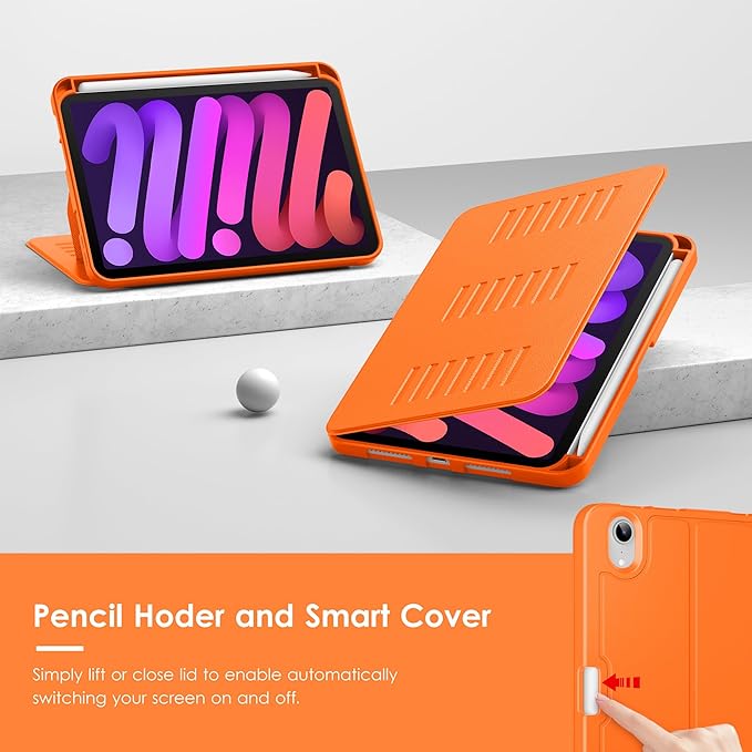 VIKESI Case for iPad iPad mini 7 (A17 Pro) and iPad mini 6Multiple Angles Magnetic Stand CoverShockproof Soft BackPencil Holderand Auto Sleep/WakeOrange