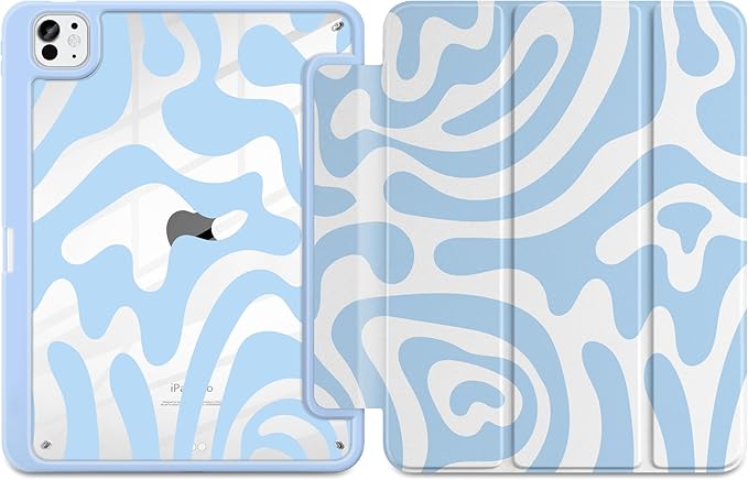 Case for iPad Pro 11 Inch (M5 2025 M4 2024) – [Built-in Pencil Holder] Shockproof &amp Stylish Clear Hard Back + Soft TPU Edge Magnetic Trifold Stand Auto Wake/Sleep Blue Wave