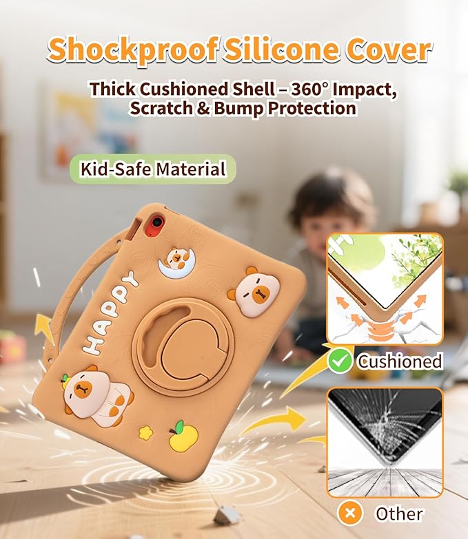 Capybara Kids Case for iPad (A16) 11th Generation 11 inch 2025 / iPad 10th Gen 10.9 2022-3D Cute Silicone Cover for Girls with 360° Rotating Stand Adjustable Strap Pencil Holder-Brown