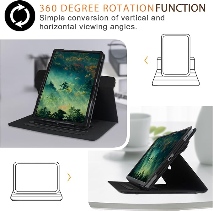 Case Compatible with Tablet Samsung Galaxy Tab S9 FE Plus S9 Plus S8 Plus S7 FE S7 Plus 12.4 InchCover 360° Rotating Stand PU Leather for Galaxy Tab S9 FE+ S9 + S8+ S7+12.4Black