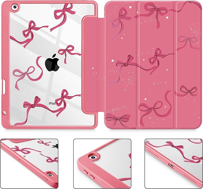 May Chen for iPad 9th Generation with Pencil Holder iPad 8th/7th Gen Case 10.2-inch [Penceil Holder] Trifold Stand Auto Wake/Sleep Clear TPU Protection Back Cover Watermelon red Bow