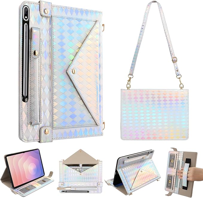 Tablet Carrying Shoulder Bag Case for Samsung Galaxy Tab S10 Lite/ S10 FE/S9 FE/S9/S8/S7 Iridescent Diamond Texture Envelope PU Leather Hand Strap Cards Holder Pocket S Pen Holder CaseSilver