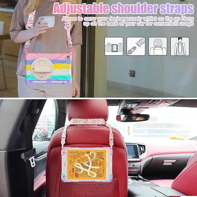 BRAECNstock Kids Case for Apple iPad mini 5/4 7.9 2019/2015 Shockproof Protective with Pencil Holder Rotating Hand Strap &amp Stand Shoulder Strap Case for iPad mini 5th/4th Gen Colorful Pink